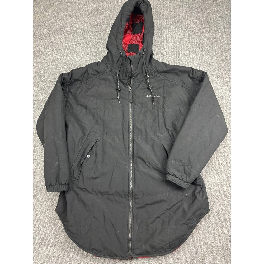Columbia‎ Jacket Womens 1X Black Hooded Long Parka Buffalo Plaid Lined Insulated